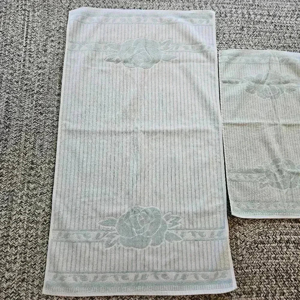 Cannon‎ Bath & Hand Towel Royal Family Retro Mod Flowers Mint Green USA Vintage